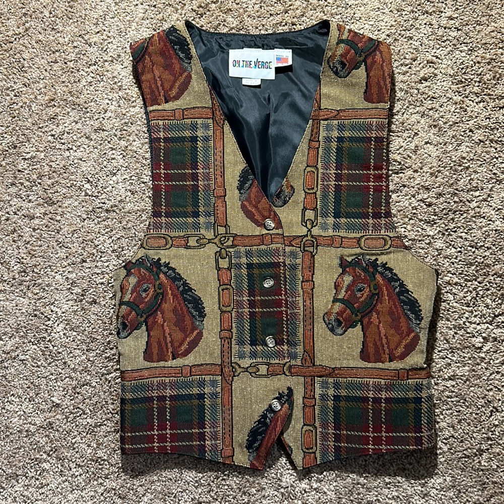 Vintage On The Verge Tapestry Vest Horses Plaid Belts Buckles EUC M Equestrian